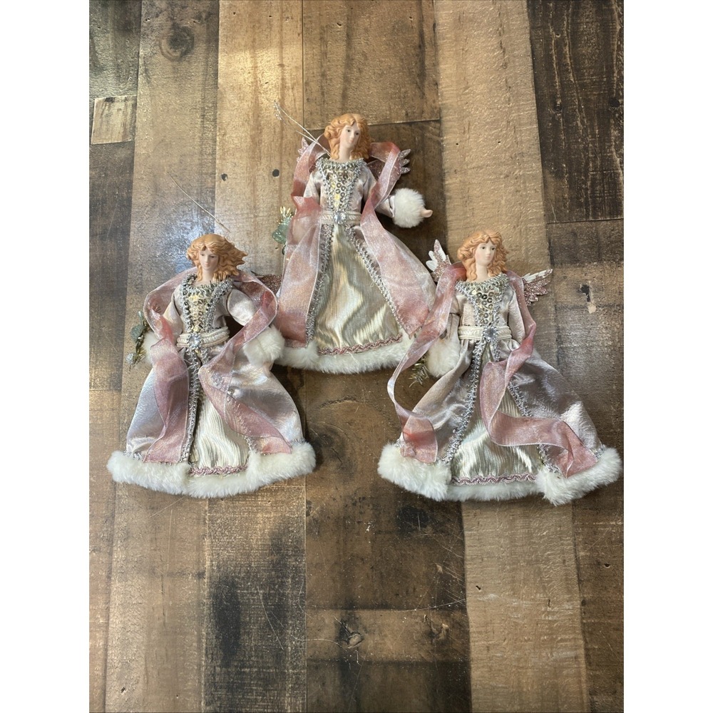 Set of 3 Vintage Victorian Pink Angel Ornaments 9" Porcelain Gowns Faux Fur 90s‎